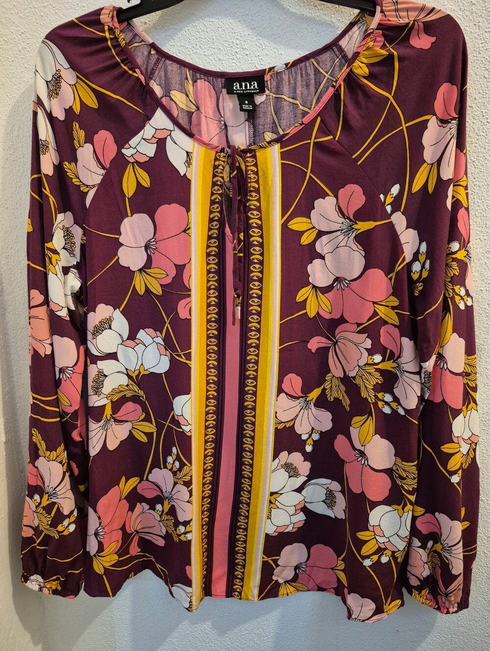 a.n.a Plum Floral Tie-Neck Long Sleeve Blouse 100% Rayon Boho Fall Feminine